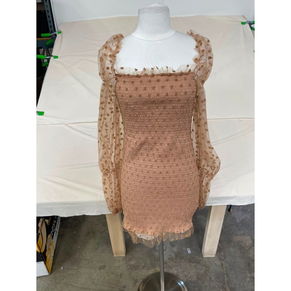 Europa The Label Tan Smocked Polka Dot Sheer Puff Sleeve Mini Dress 2XL NWT